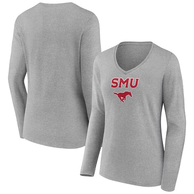 Women's Gray SMU Mustangs Campus Long Sleeve V-Neck T-Shirt