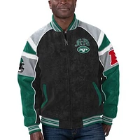 Men's G-III Sports by Carl Banks  Black New York Jets Faux Suede Raglan Full-Zip Varsity Jacket