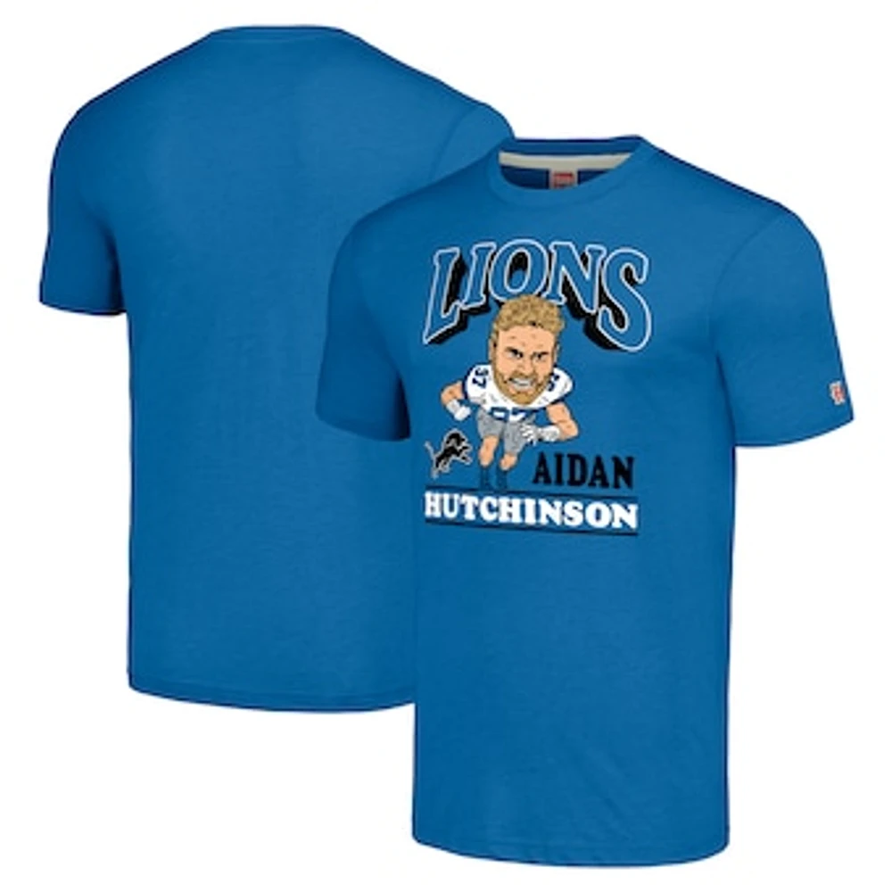 Men's Homage Aidan Hutchinson Heathered Blue Detroit Lions Caricature Player Tri-Blend T-Shirt