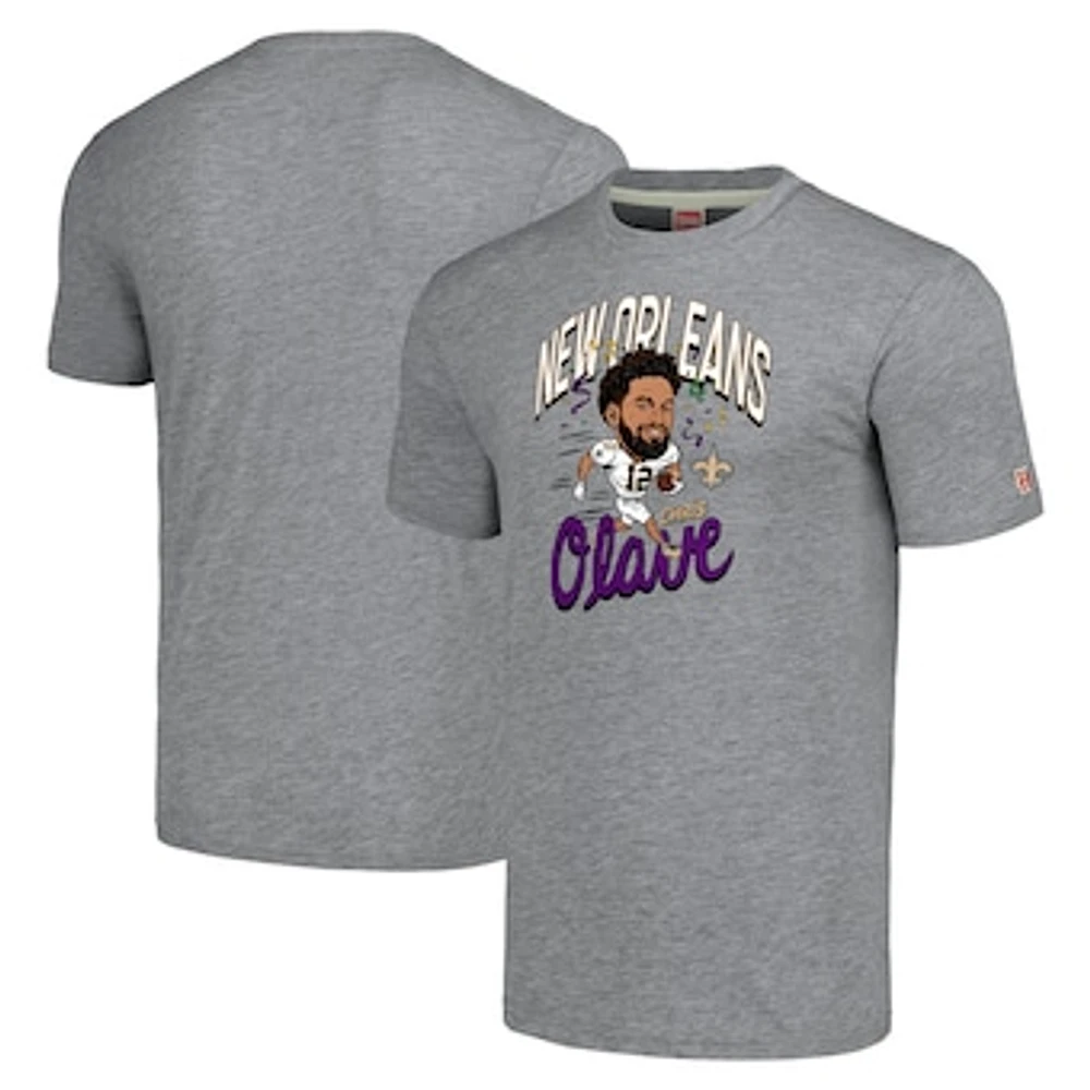 Men's Homage Chris Olave Heathered Gray New Orleans Saints Caricature Player Tri-Blend T-Shirt