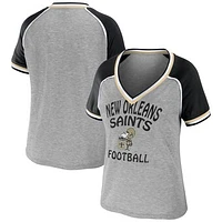 Women's WEAR by Erin Andrews Heather Gray New Orleans Saints Cropped Raglan Throwback V-Neck T-Shirt