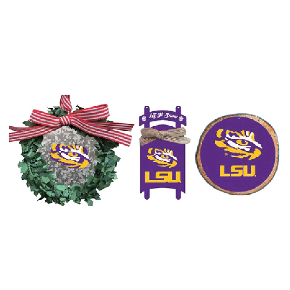 The Memory Company LSU Tigers Three-Pack Wreath, Sled & Circle Ornament Set