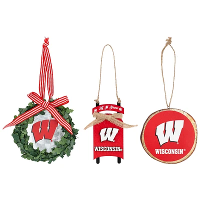 The Memory Company Wisconsin Badgers Three-Pack Wreath, Sled & Circle Ornament Set