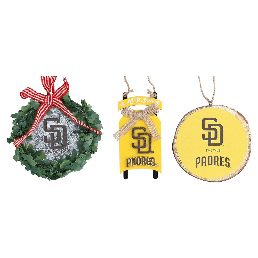 The Memory Company San Diego Padres Three-Pack Wreath, Sled & Circle Ornament Set