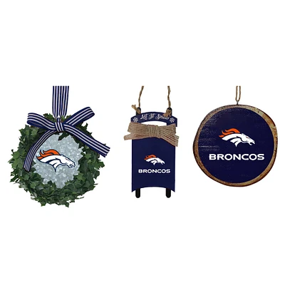 The Memory Company Denver Broncos Three-Pack Wreath, Sled & Circle Ornament Set