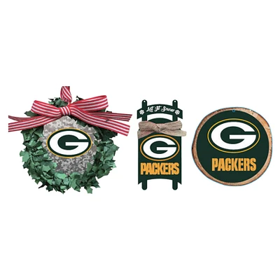 The Memory Company Green Bay Packers Three-Pack Wreath, Sled & Circle Ornament Set