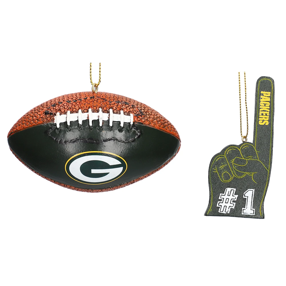 The Memory Company Green Bay Packers Two-Pack Football & Foam Finger Ornament Set