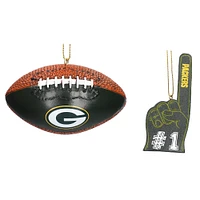 The Memory Company Green Bay Packers Two-Pack Football & Foam Finger Ornament Set