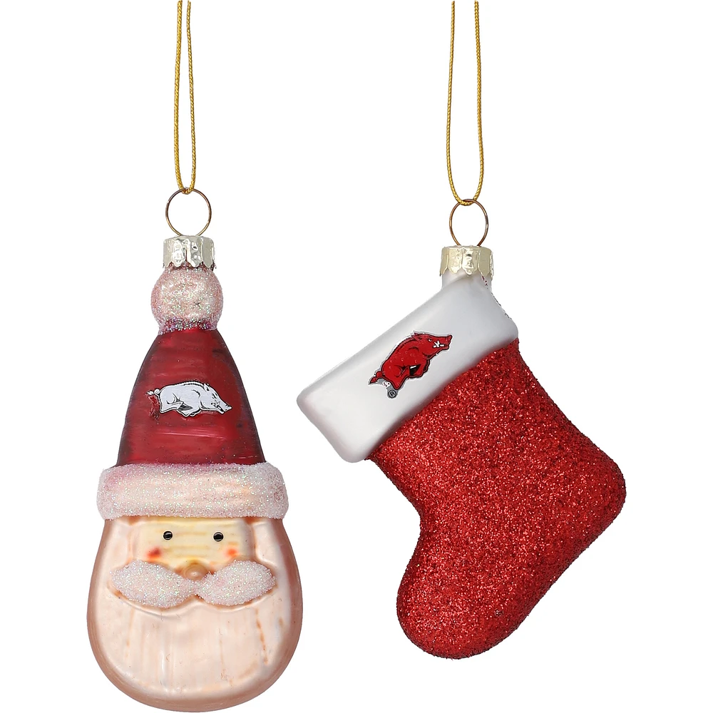 Arkansas Razorbacks Two-Pack Santa & Stocking Blown Glass Ornament Set