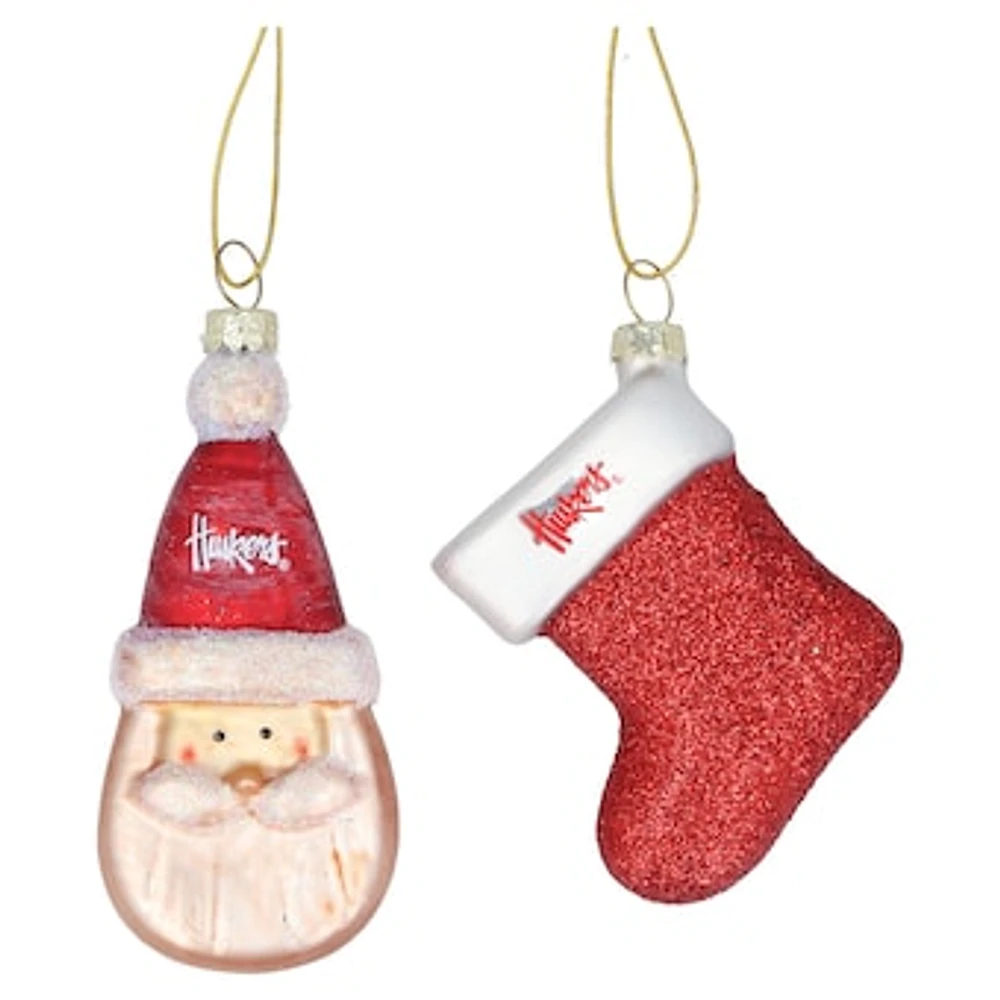 Nebraska Huskers Two-Pack Santa & Stocking Blown Glass Ornament Set