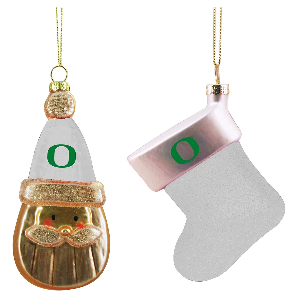 Oregon Ducks Two-Pack Santa & Stocking Blown Glass Ornament Set