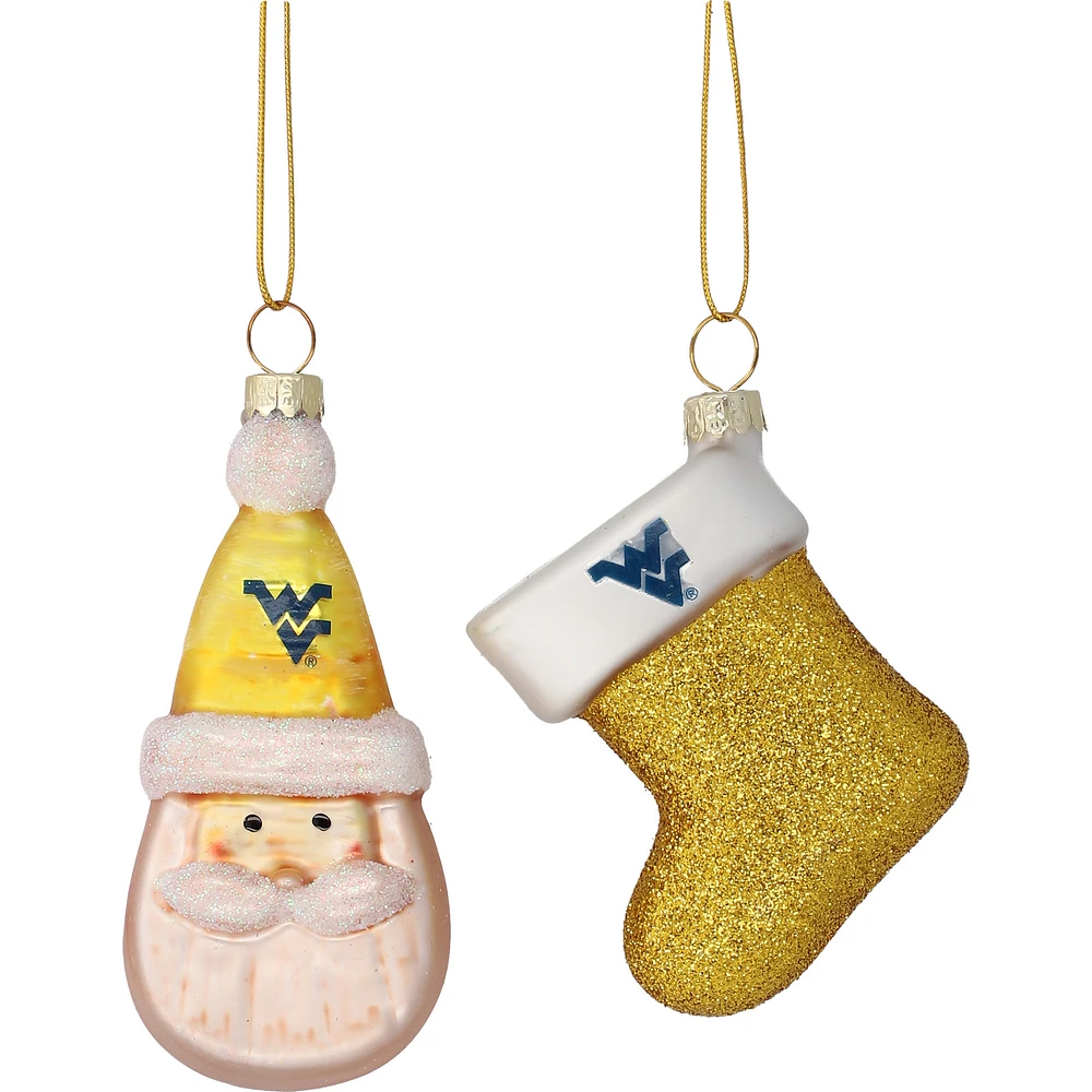 West Virginia Mountaineers Two-Pack Santa & Stocking Blown Glass Ornament Set