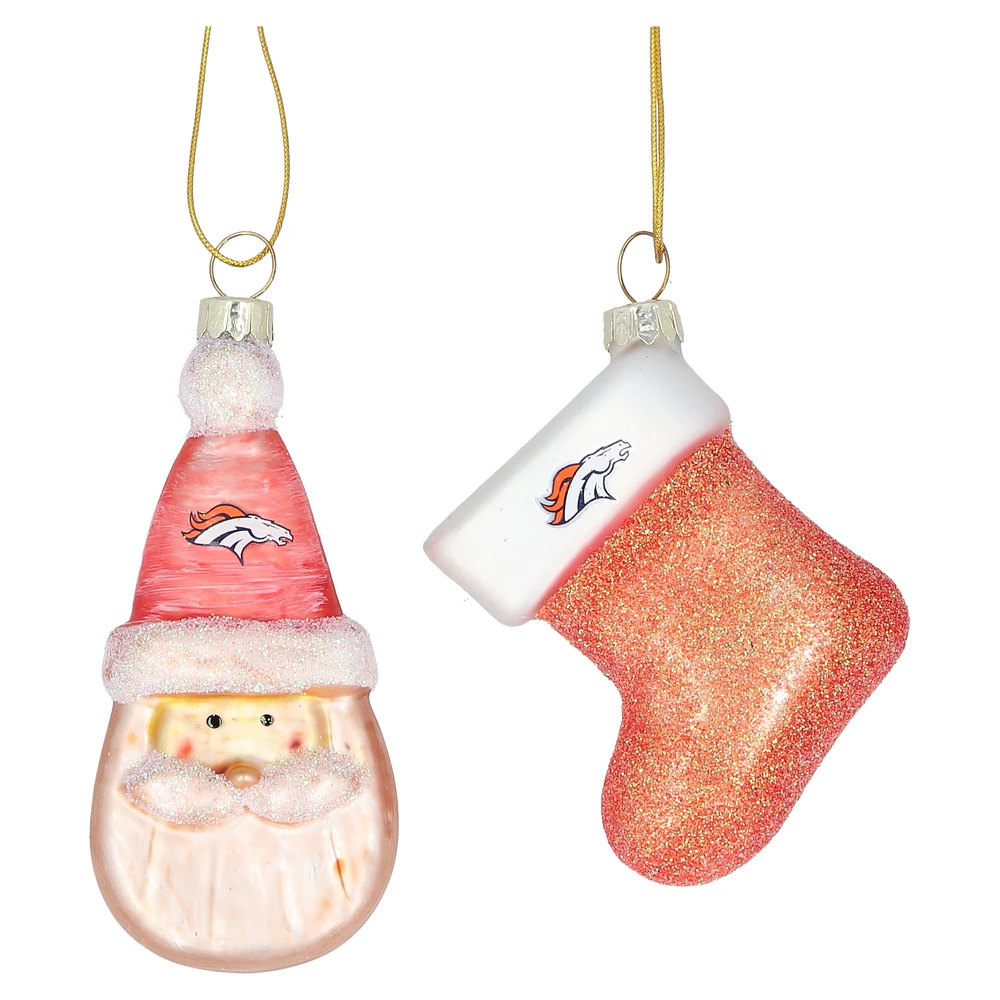 Denver Broncos Two-Pack Santa & Stocking Blown Glass Ornament Set