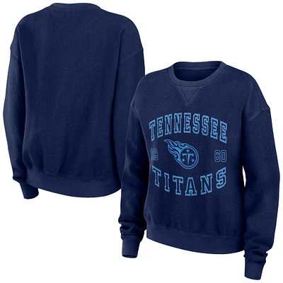 Women's WEAR by Erin Andrews Navy Tennessee Titans Vintage Rib-Knit Cord Modest Crop Pullover Sweatshirt