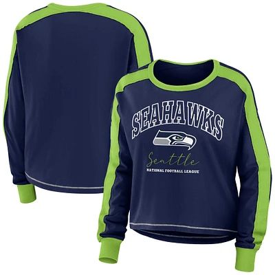 Women's WEAR by Erin Andrews Navy/Neon Green Seattle Seahawks Color Block Modest Crop Long Sleeve T-Shirt