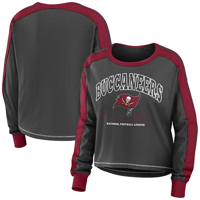 Women's WEAR by Erin Andrews Pewter/Red Tampa Bay Buccaneers Color Block Modest Crop Long Sleeve T-Shirt