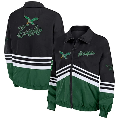 Women's WEAR by Erin Andrews Black Philadelphia Eagles Vintage Throwback Windbreaker Full-Zip Jacket