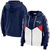 Women's WEAR by Erin Andrews Navy/White New England Patriots Color Block Light Weight Modest Crop Full-Zip Hoodie