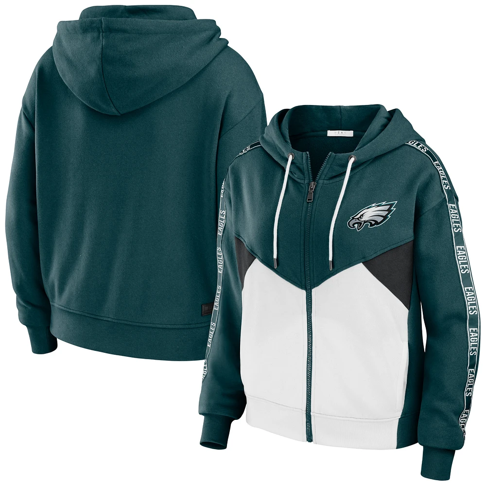 Women's WEAR by Erin Andrews Green/White Philadelphia Eagles Color Block Light Weight Modest Crop Full-Zip Hoodie