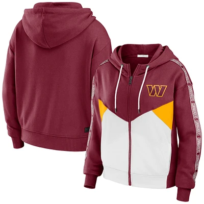 Women's WEAR by Erin Andrews Burgundy/White Washington Commanders Color Block Light Weight Modest Crop Full-Zip Hoodie