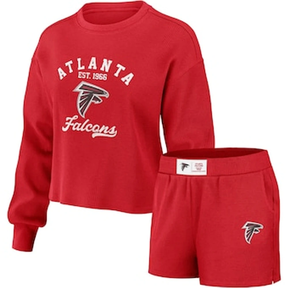 Women's WEAR by Erin Andrews Red Atlanta Falcons Waffle Knit Long Sleeve T-Shirt & Shorts Lounge Set