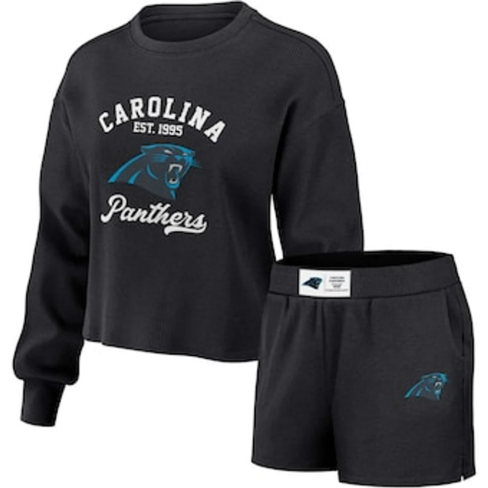 Women's WEAR by Erin Andrews Black Carolina Panthers Waffle Knit Long Sleeve T-Shirt & Shorts Lounge Set