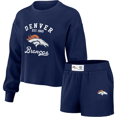 Women's WEAR by Erin Andrews Navy Denver Broncos Waffle Knit Long Sleeve T-Shirt & Shorts Lounge Set