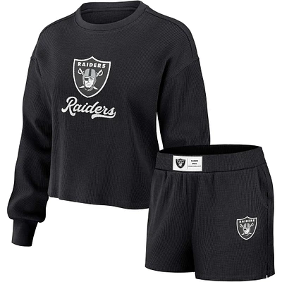 Women's WEAR by Erin Andrews Black Las Vegas Raiders Waffle Knit Long Sleeve T-Shirt & Shorts Lounge Set