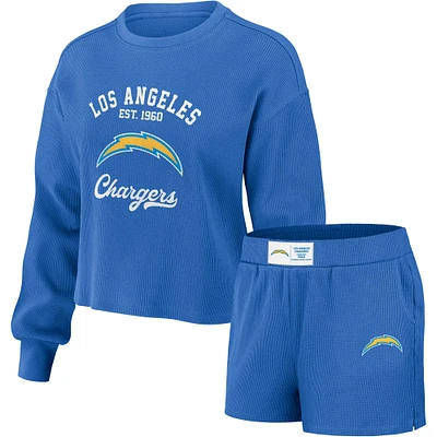 Women's WEAR by Erin Andrews Blue Los Angeles Chargers Waffle Knit Long Sleeve T-Shirt & Shorts Lounge Set