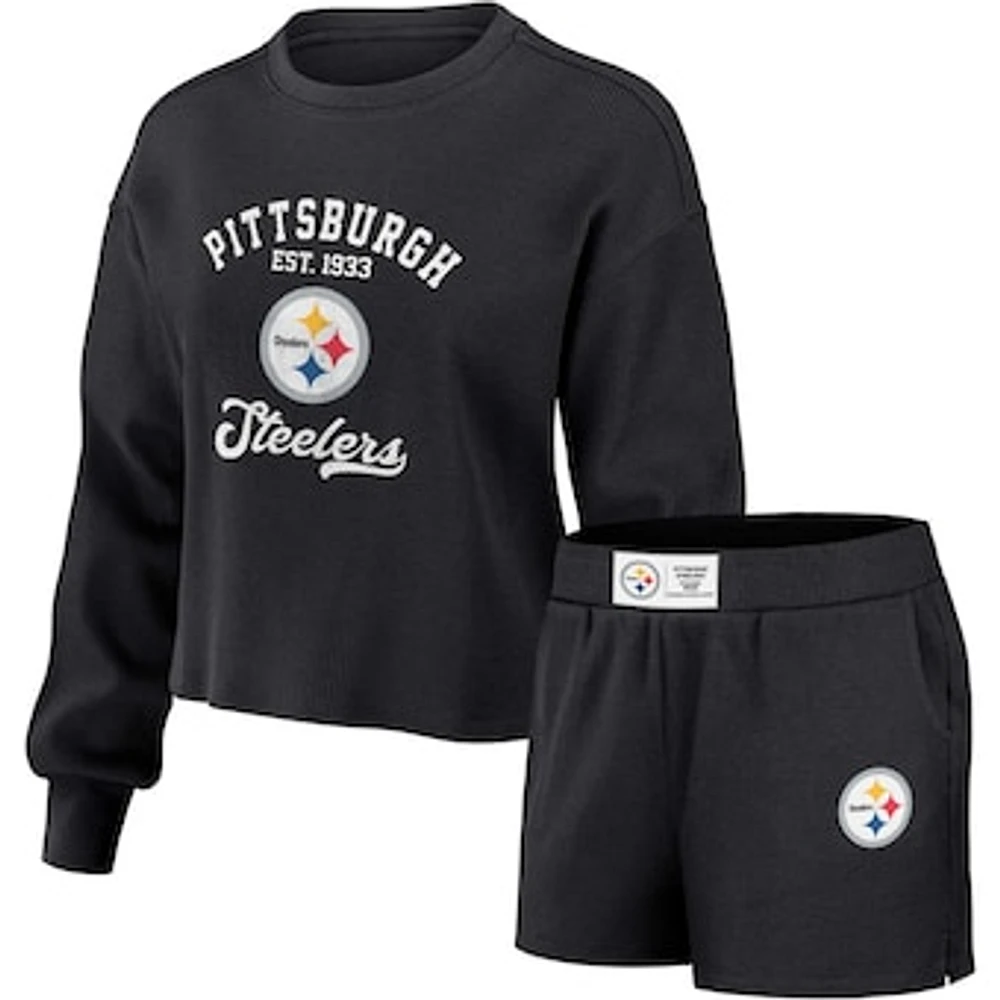 Women's WEAR by Erin Andrews Black Pittsburgh Steelers Waffle Knit Long Sleeve T-Shirt & Shorts Lounge Set