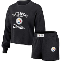 Women's WEAR by Erin Andrews Black Pittsburgh Steelers Waffle Knit Long Sleeve T-Shirt & Shorts Lounge Set