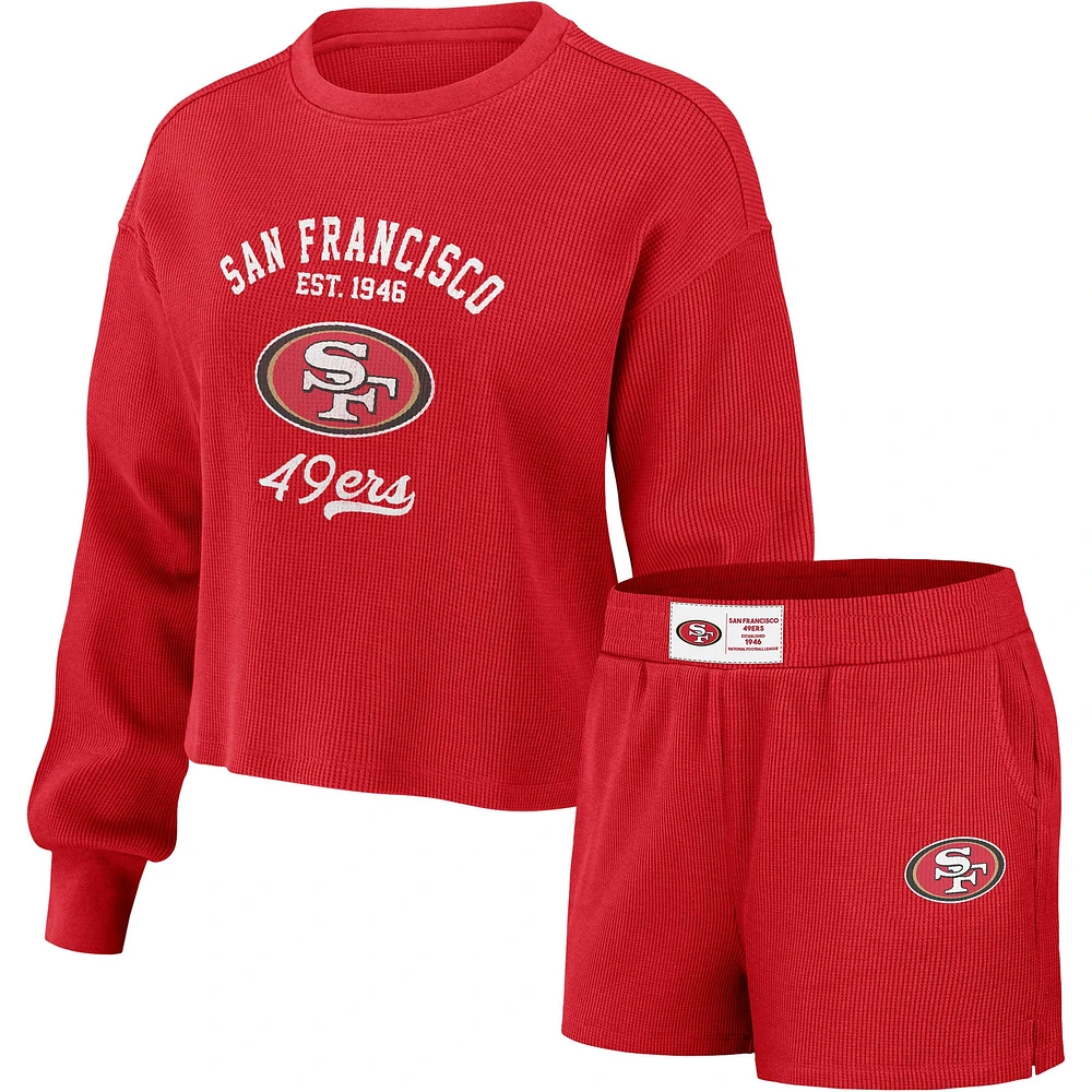 Women's WEAR by Erin Andrews Scarlet San Francisco 49ers Waffle Knit Long Sleeve T-Shirt & Shorts Lounge Set