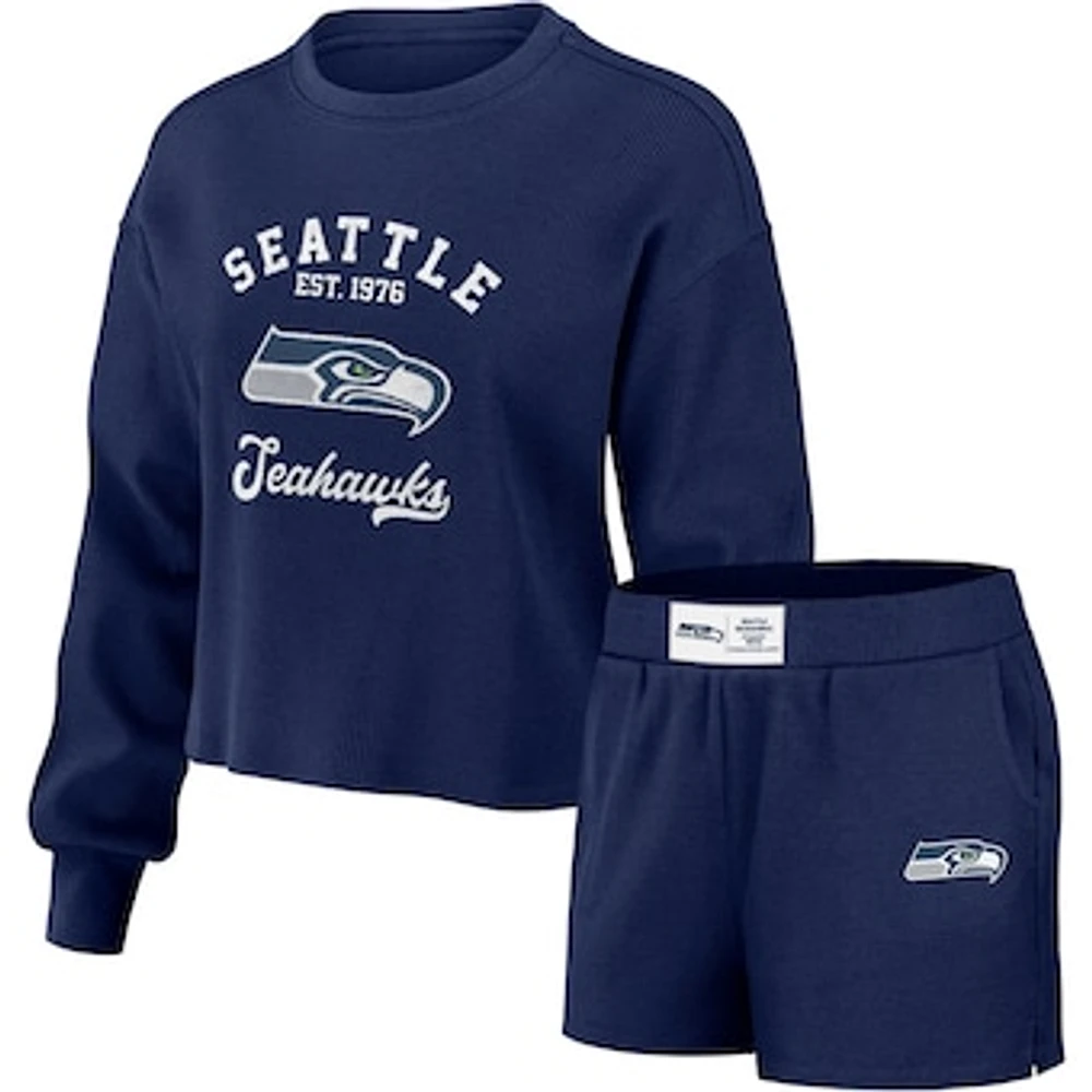 Women's WEAR by Erin Andrews Navy Seattle Seahawks Waffle Knit Long Sleeve T-Shirt & Shorts Lounge Set