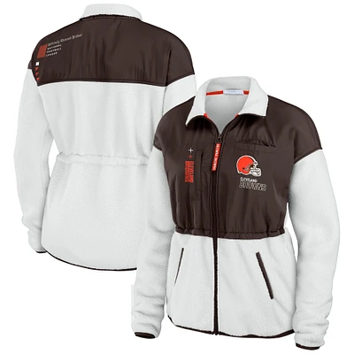 Women's WEAR by Erin Andrews  White/Brown Cleveland Browns Color-Block Polar Fleece Full-Zip Jacket