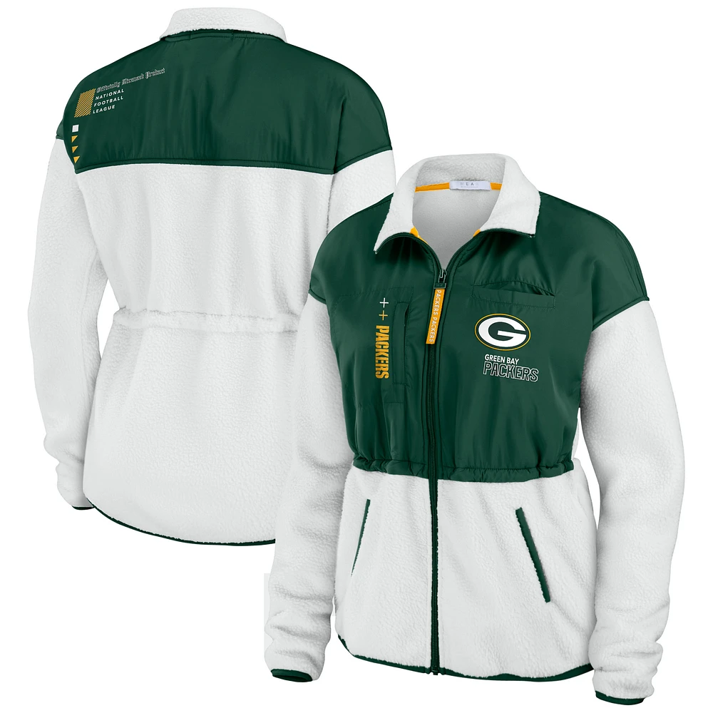 Women's WEAR by Erin Andrews  White/Green Green Bay Packers Color-Block Polar Fleece Full-Zip Jacket