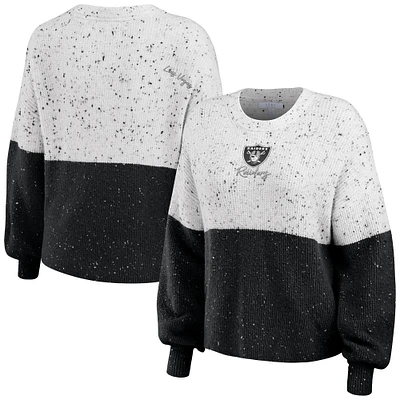 Women's WEAR by Erin Andrews  White/Black Las Vegas Raiders Lighweight Modest Crop Color-Block Pullover Sweater