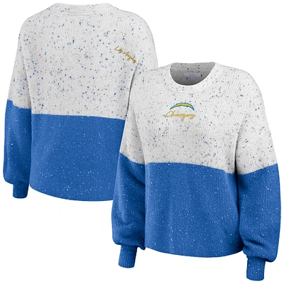 Women's WEAR by Erin Andrews  White/Powder Blue Los Angeles Chargers Lighweight Modest Crop Color-Block Pullover Sweater