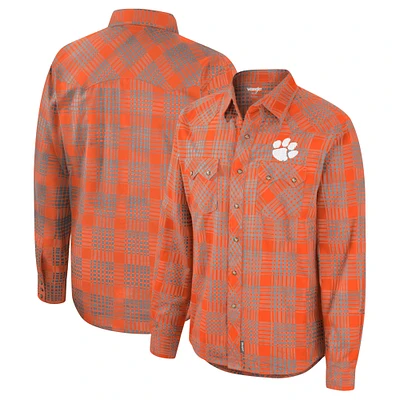 Men's Colosseum x Wrangler  Orange Clemson Tigers Plaid Western Long Sleeve Full-Snap Shirt