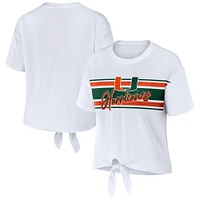 Women's WEAR by Erin Andrews White Miami Hurricanes Striped Front Knot Cropped T-Shirt