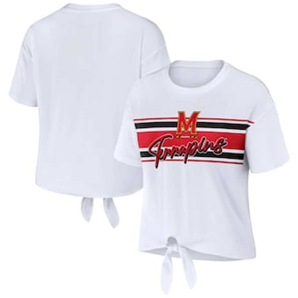 Women's WEAR by Erin Andrews White Maryland Terrapins Striped Front Knot Cropped T-Shirt