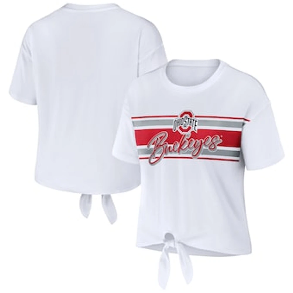 Women's WEAR by Erin Andrews White Ohio State Buckeyes Striped Front Knot Cropped T-Shirt