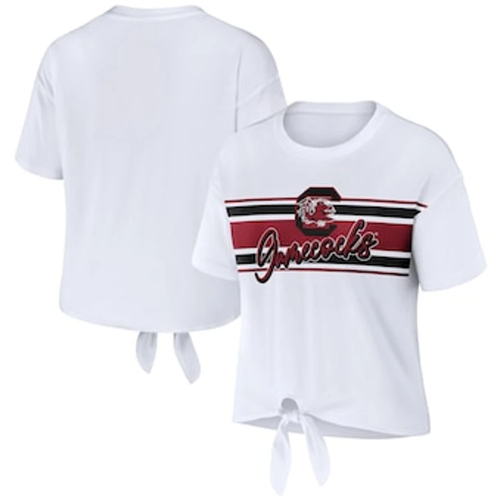 Women's WEAR by Erin Andrews White South Carolina Gamecocks Striped Front Knot Cropped T-Shirt