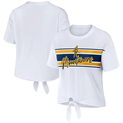 Women's WEAR by Erin Andrews White West Virginia Mountaineers Striped Front Knot Cropped T-Shirt