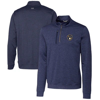 Men's Cutter & Buck  Navy Milwaukee Brewers Stealth Heathered Quarter-Zip Pullover Top