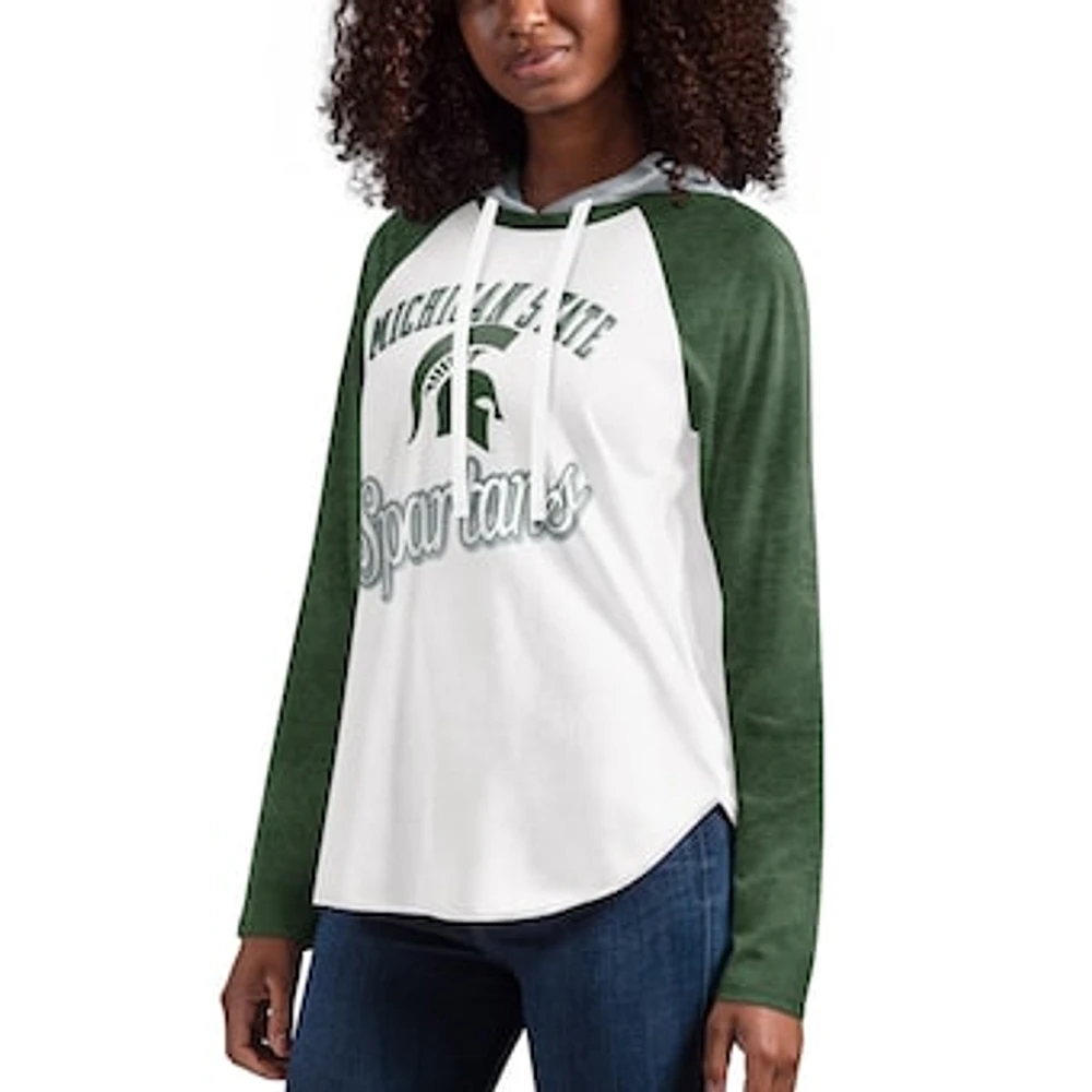 Women's G-III 4Her by Carl Banks White/Green Michigan State Spartans From the Sideline Raglan Long Sleeve Hoodie T-Shirt