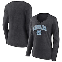 Women's Fanatics Heather Charcoal North Carolina Tar Heels Evergreen Campus Long Sleeve V-Neck T-Shirt