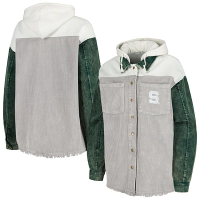 Women's Gameday Couture Gray Michigan State Spartans Vintage Wash Corduroy Full-Snap Hooded Shacket