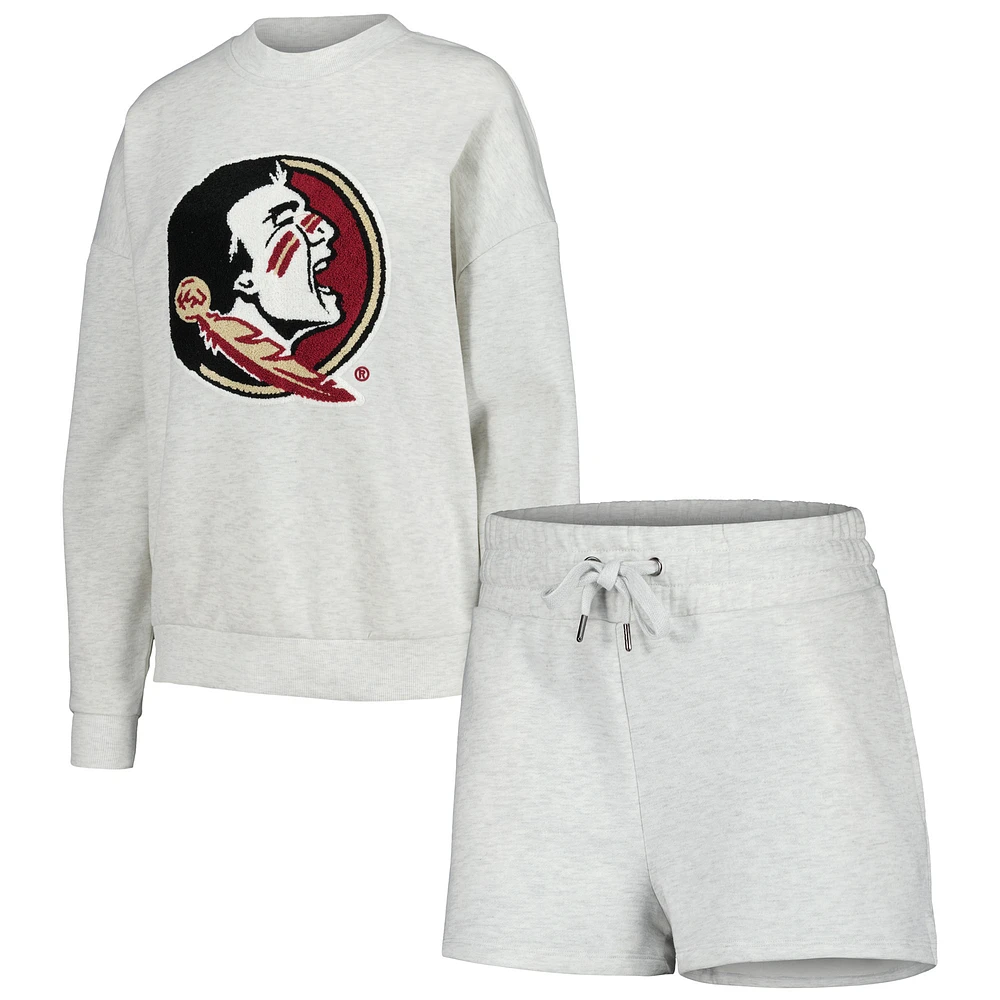 Women's Gameday Couture Ash Florida State Seminoles Team Effort Pullover Sweatshirt & Shorts Sleep Set