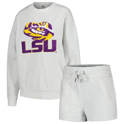 Women's Gameday Couture Ash LSU Tigers Team Effort Pullover Sweatshirt & Shorts Sleep Set