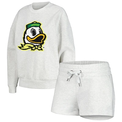 Women's Gameday Couture Ash Oregon Ducks Team Effort Pullover Sweatshirt & Shorts Sleep Set